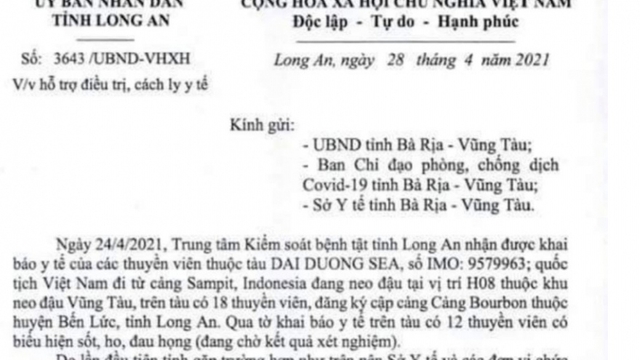 Vụ 12 thuyền viên nghi nhiễm Covid-19 Long An gửi công văn xin lỗi Bà Rịa – Vũng Tàu