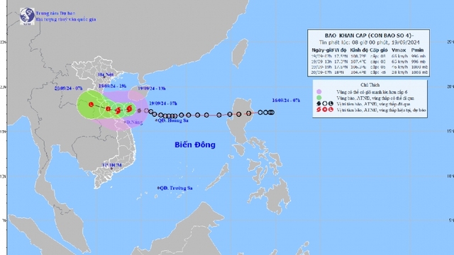 Bão số 4 cách Quảng Bình - Quảng Trị khoảng 190km về phía Đông, gió mạnh cấp 8