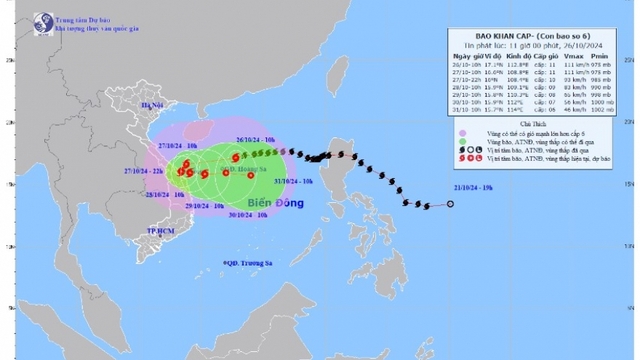 Bão số 6 đang cách Đà Nẵng khoảng 510km về phía Đông Đông Bắc