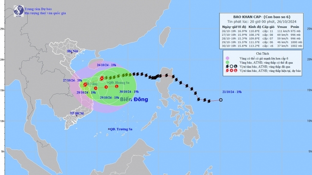 Bão số 6 giật cấp 14 vào khu vực các tỉnh Quảng Trị-Quảng Nam từ tối mai (27/10)