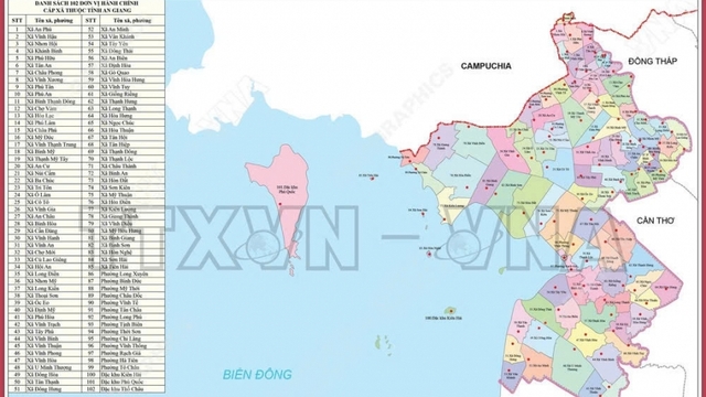 Bản đồ chi tiết 102 đơn vị hành chính cấp xã của An Giang từ ngày 16/6/2025