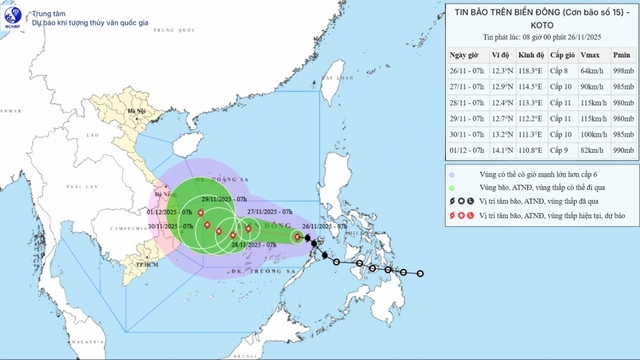 Bão số 15 (Koto) hướng vào đất liền Nam Trung Bộ