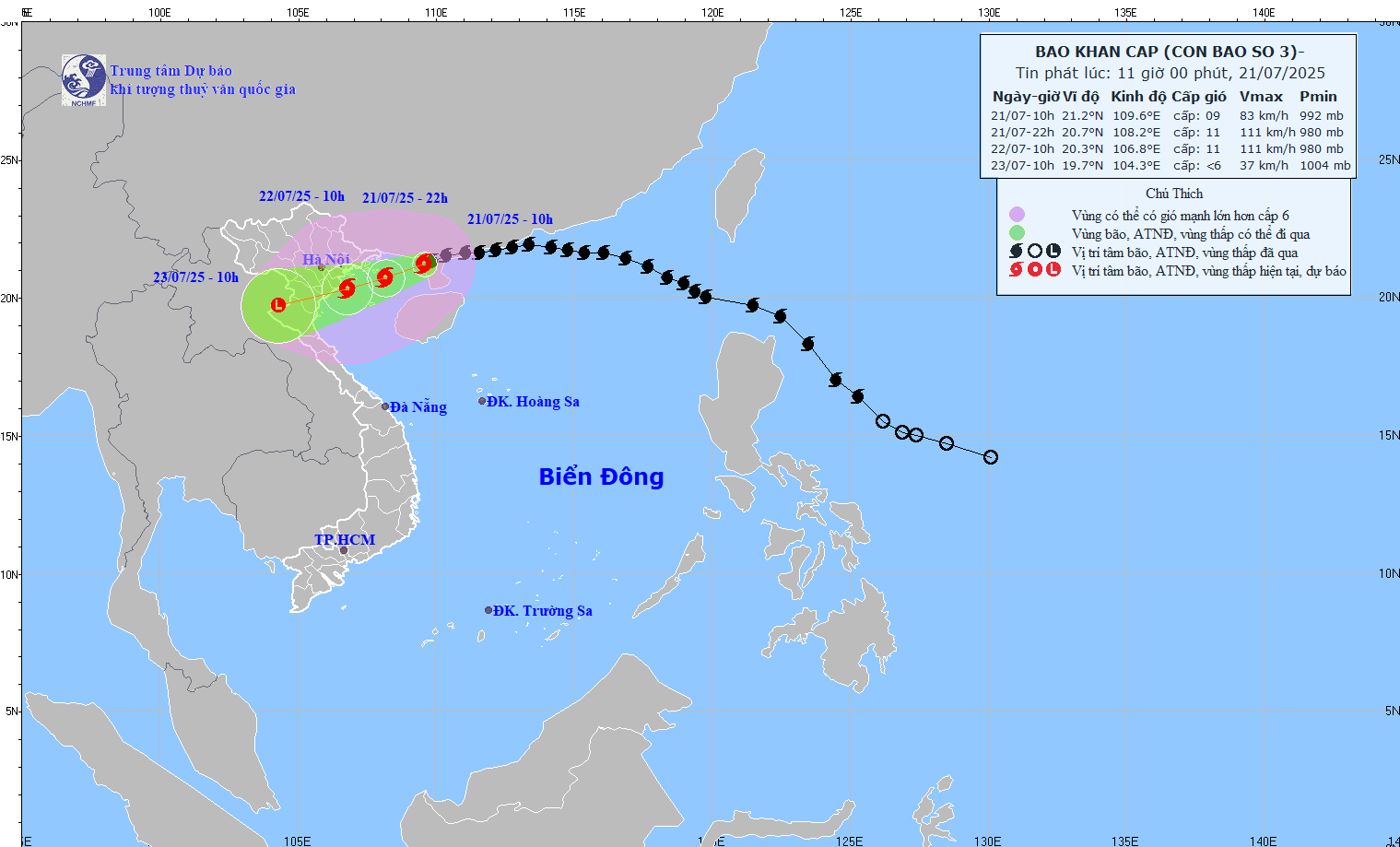 Đường đi và vị trí của bão số 3