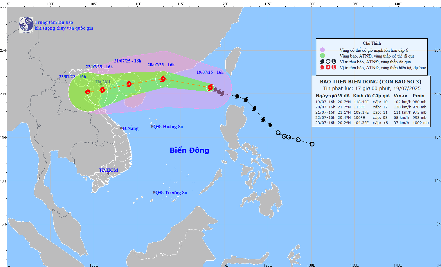 Dự báo hướng di chuyển của bão số 3(Ảnh Trung tâm Dự báo Khí tượng thủy văn quốc gia phát lúc 17h ngày 1972025).