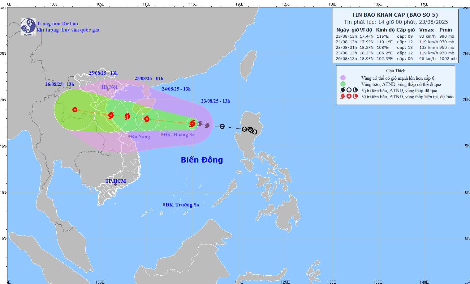 Dự báo vị trí và hướng di chuyển bão số 5 lúc 13h chiều 23/8. Ảnh: NCHMF