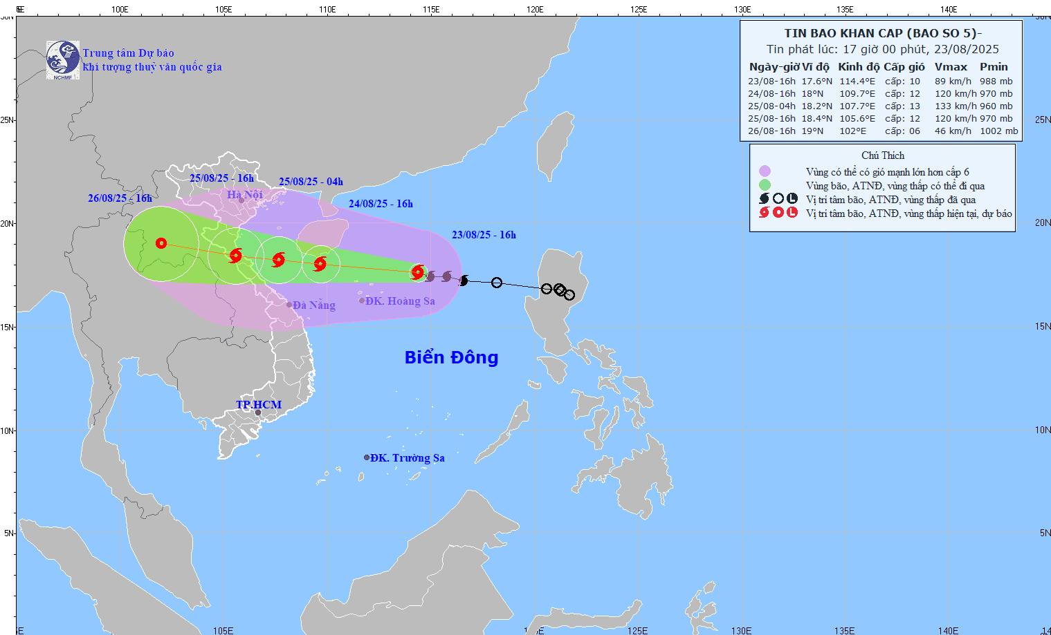 Dự báo vị trí và hướng di chuyển bão số 5 lúc 16h chiều 23/8. Ảnh: NCHMF