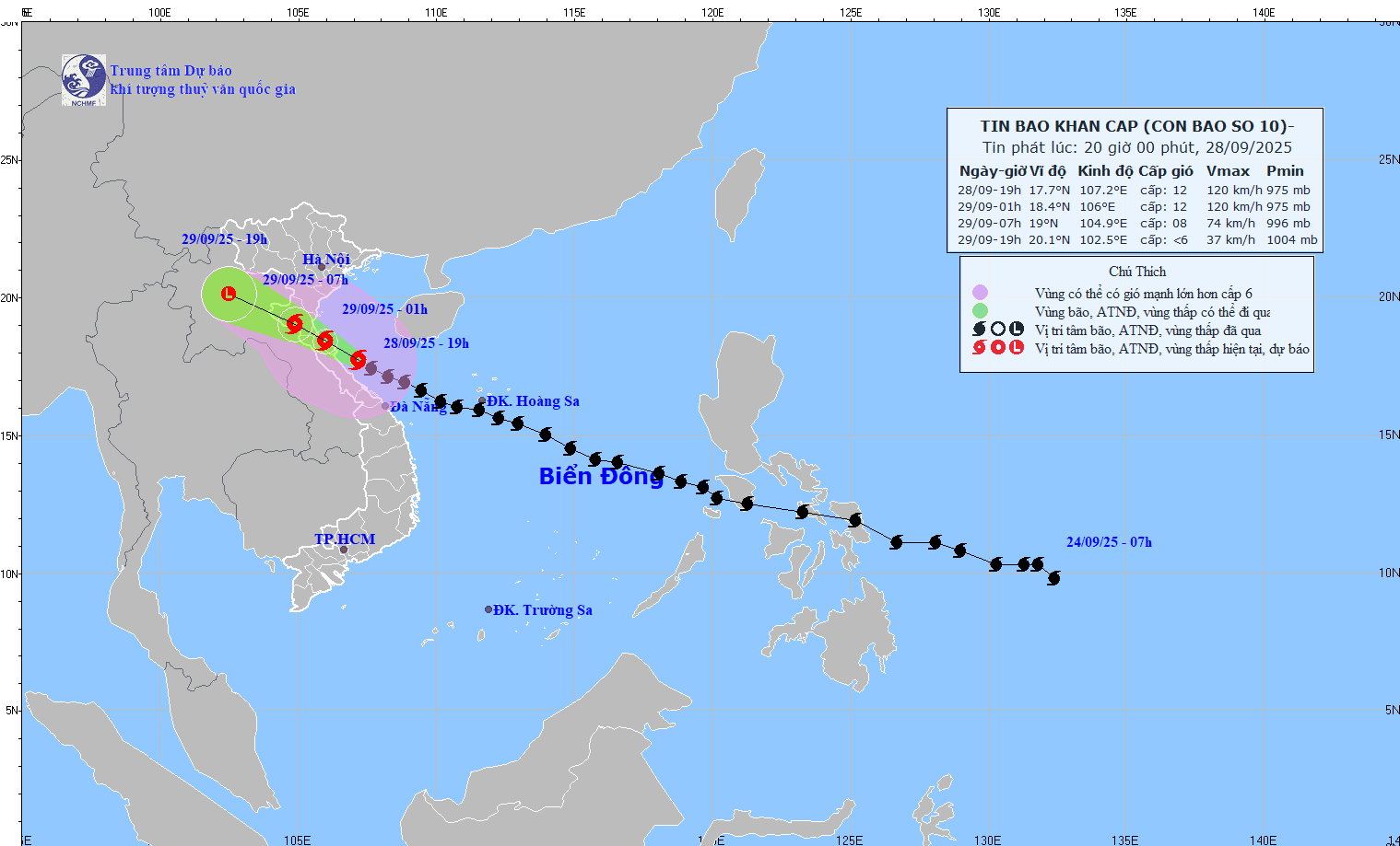Bản đồ dự báo quỹ đạo và cường độ bão số 10, phát lúc 20h ngày 28/9/2025
