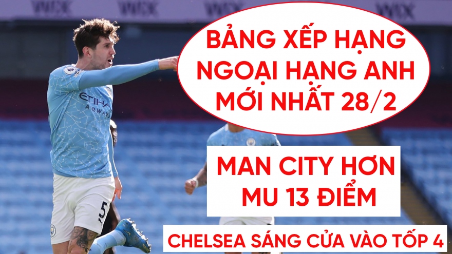 Bảng xếp hạng Ngoại hạng Anh mới nhất: Man City hơn MU 13 điểm