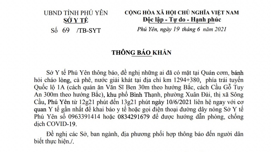 Tìm người liên quan đến bệnh nhân người Lào Cai mắc Covid-19 từng đến Phú Yên