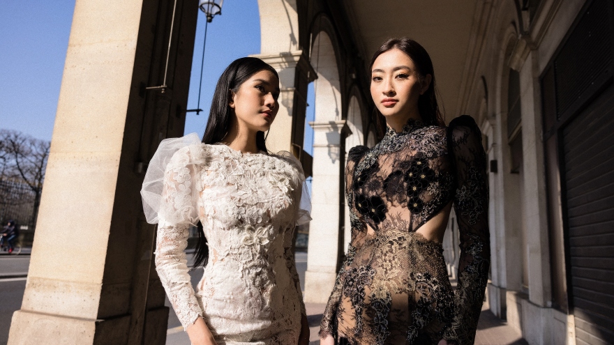 Hoa hậu Lương Thùy Linh và Á hậu Phương Anh đọ dáng trong thiết kế của nhà mốt Pháp