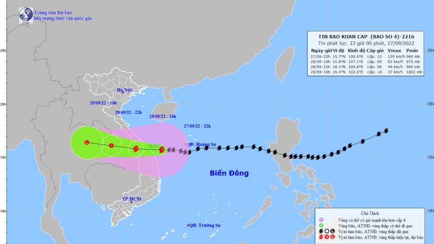 Bão số 4 đang ở trên vùng biển Quảng Trị-Quảng Ngãi, giật cấp 15
