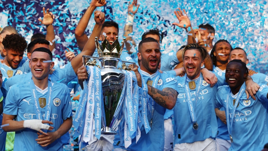 Dàn sao Man City ăn mừng chiến tích vô địch Ngoại hạng Anh 4 lần liên tiếp