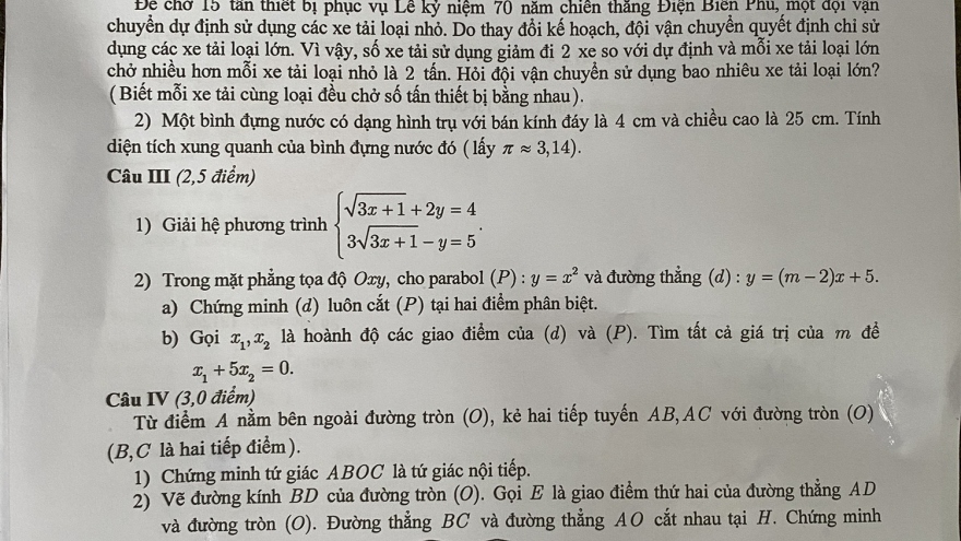 Đề thi chính thức môn Toán kỳ thi lớp 10 ở Hà Nội năm 2024