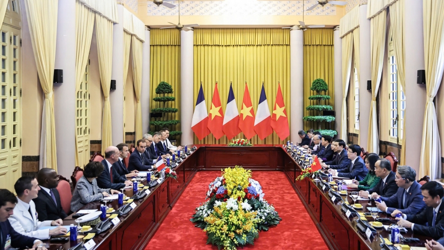 Chủ tịch nước Lương Cường Hội đàm với Tổng thống Pháp Emmanuel Macron