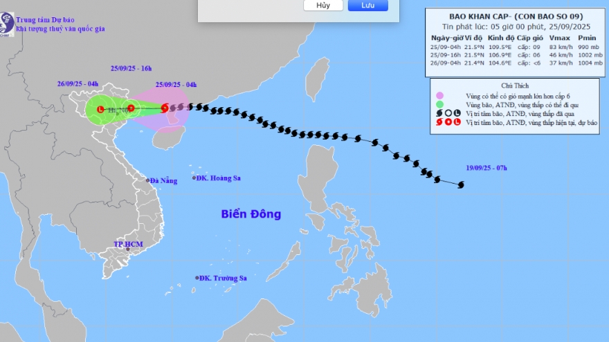 Bão số 9 Ragasa giảm xuống cấp 9, giật cấp 11, cách Móng Cái khoảng 120km