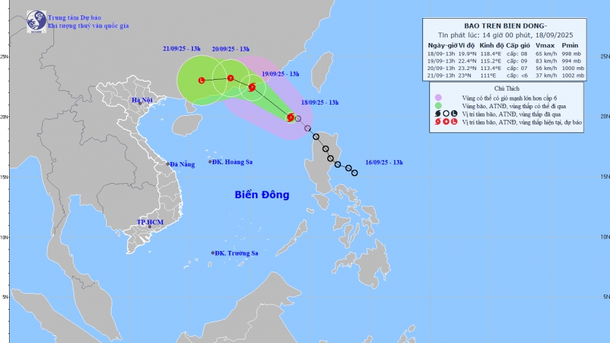 Áp thấp nhiệt đới trên Biển Đông đã mạnh thành bão số 8 Mitag từ trưa nay (18/9)