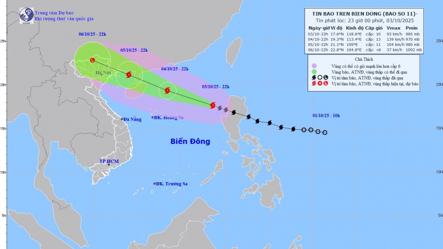 Bão số 11 giật cấp 13 di chuyển nhanh với tốc độ khoảng 25km/h