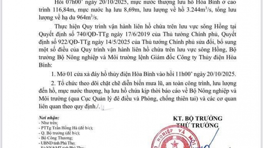 Mở cửa xả đáy hồ thủy điện Hòa Bình từ 11h trưa 20/10