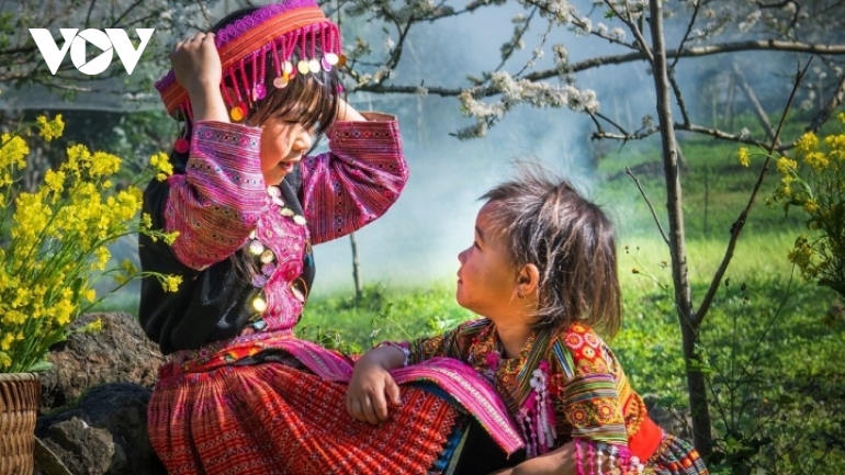 Highland children have fun in forest of white plum blossoms