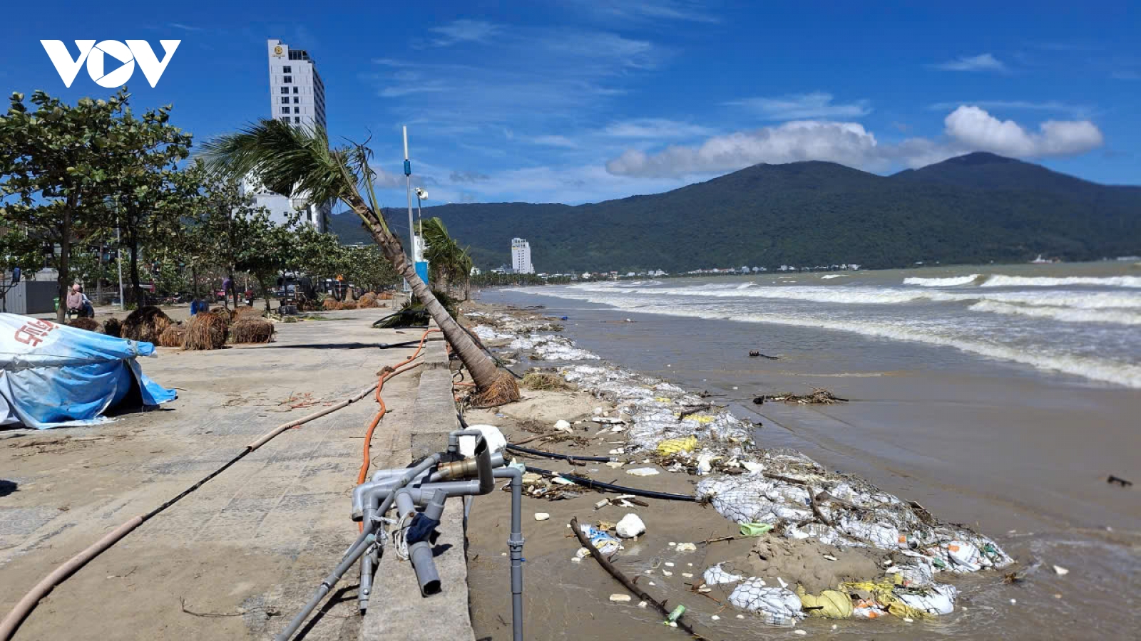 Triều cường phá hỏng hàng quán, dừa bật gốc, cát lấp đường ven biển Đà Nẵng