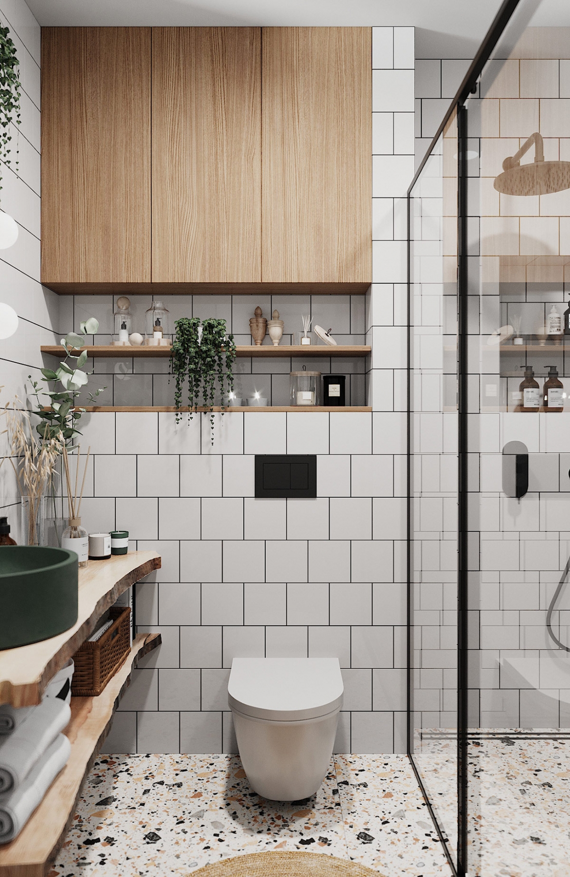 Bộ ba chậu cây treo độc đáo, tạo nên một bối cảnh hấp dẫn đằng sau bộ bàn ghế uống trà.