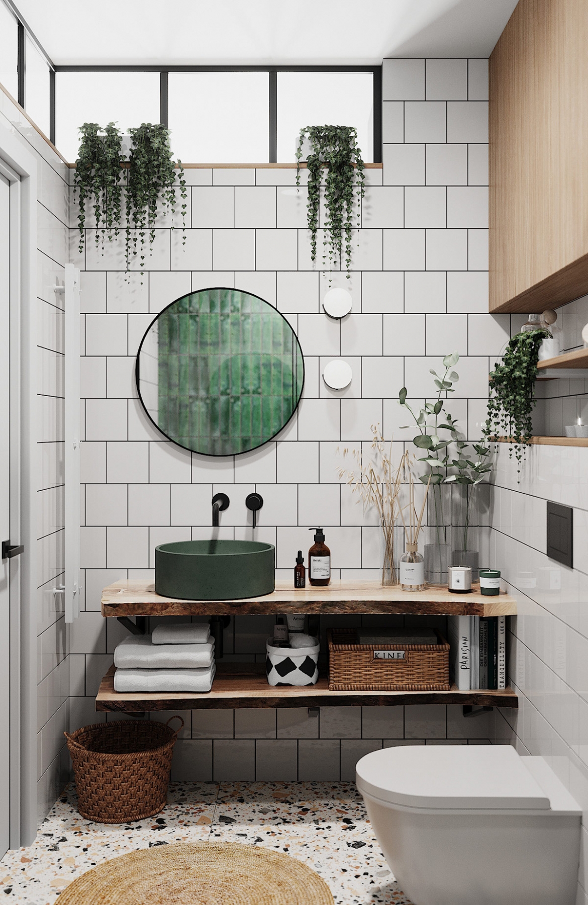 Bộ ba chậu cây treo độc đáo, tạo nên một bối cảnh hấp dẫn đằng sau bộ bàn ghế uống trà.