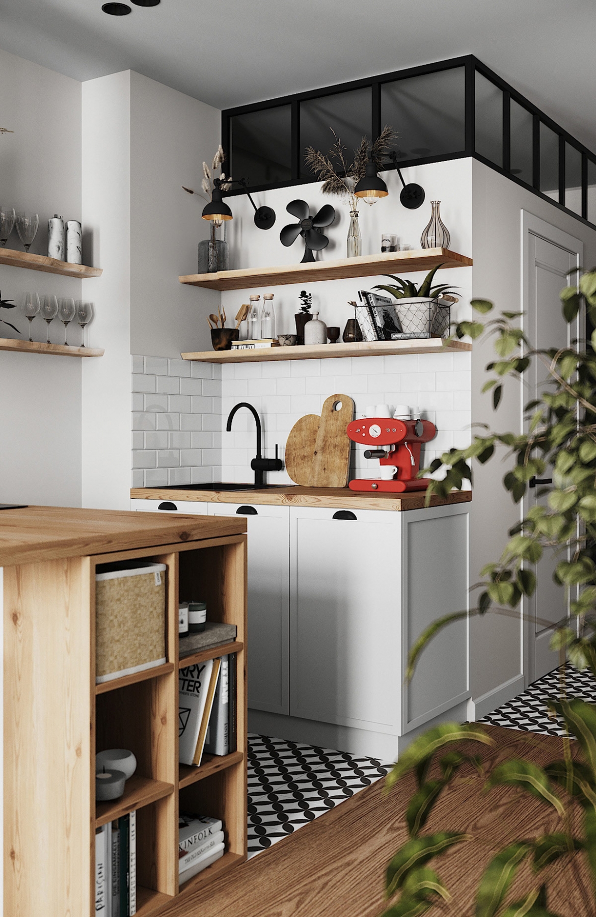 Bộ ba chậu cây treo độc đáo, tạo nên một bối cảnh hấp dẫn đằng sau bộ bàn ghế uống trà.