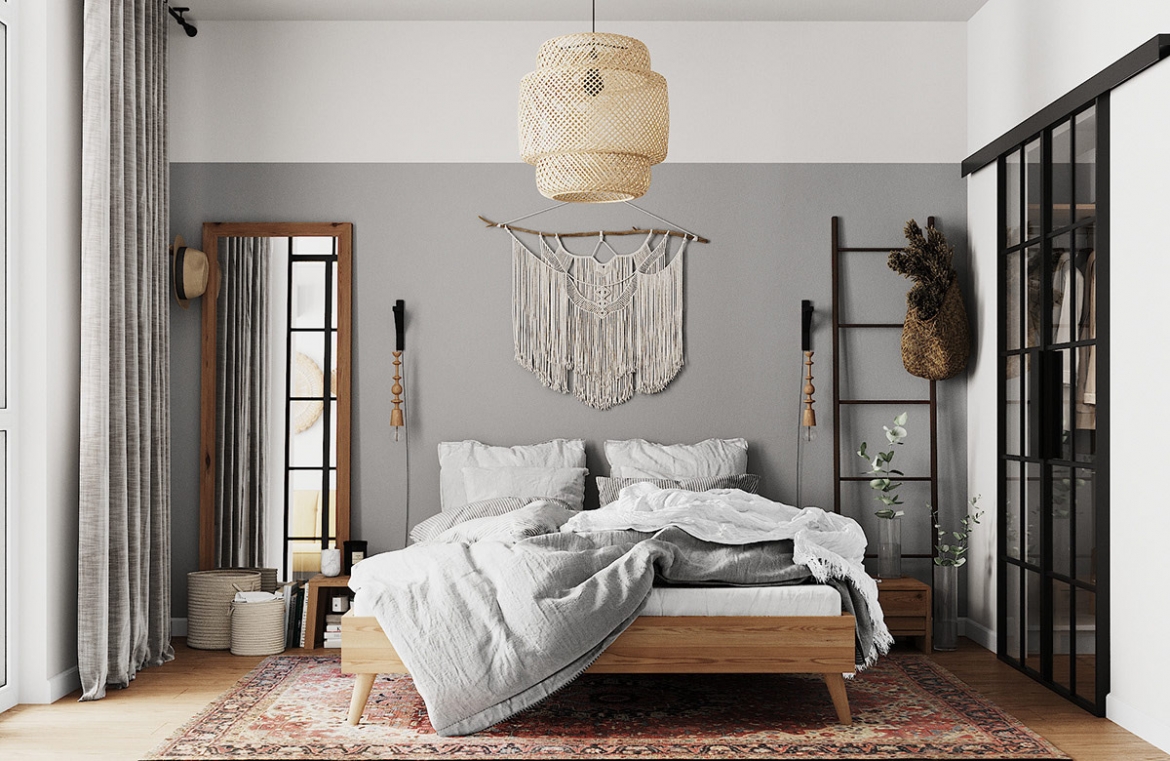 Bộ ba chậu cây treo độc đáo, tạo nên một bối cảnh hấp dẫn đằng sau bộ bàn ghế uống trà.