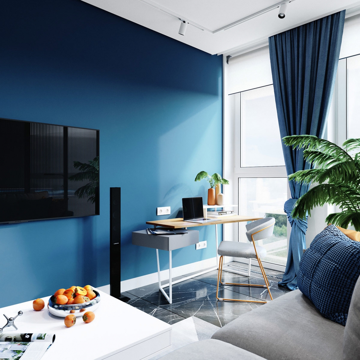 Bức tường màu xanh tiếp tục phía sau bàn làm việc tại nhà.