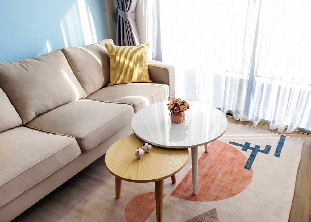 Không sử dụng vật liệu đắt tiền nhưng tổng thể căn hộ vẫn đẹp hài hoà bởi bố trí nội thất và màu sắc hợp lý.