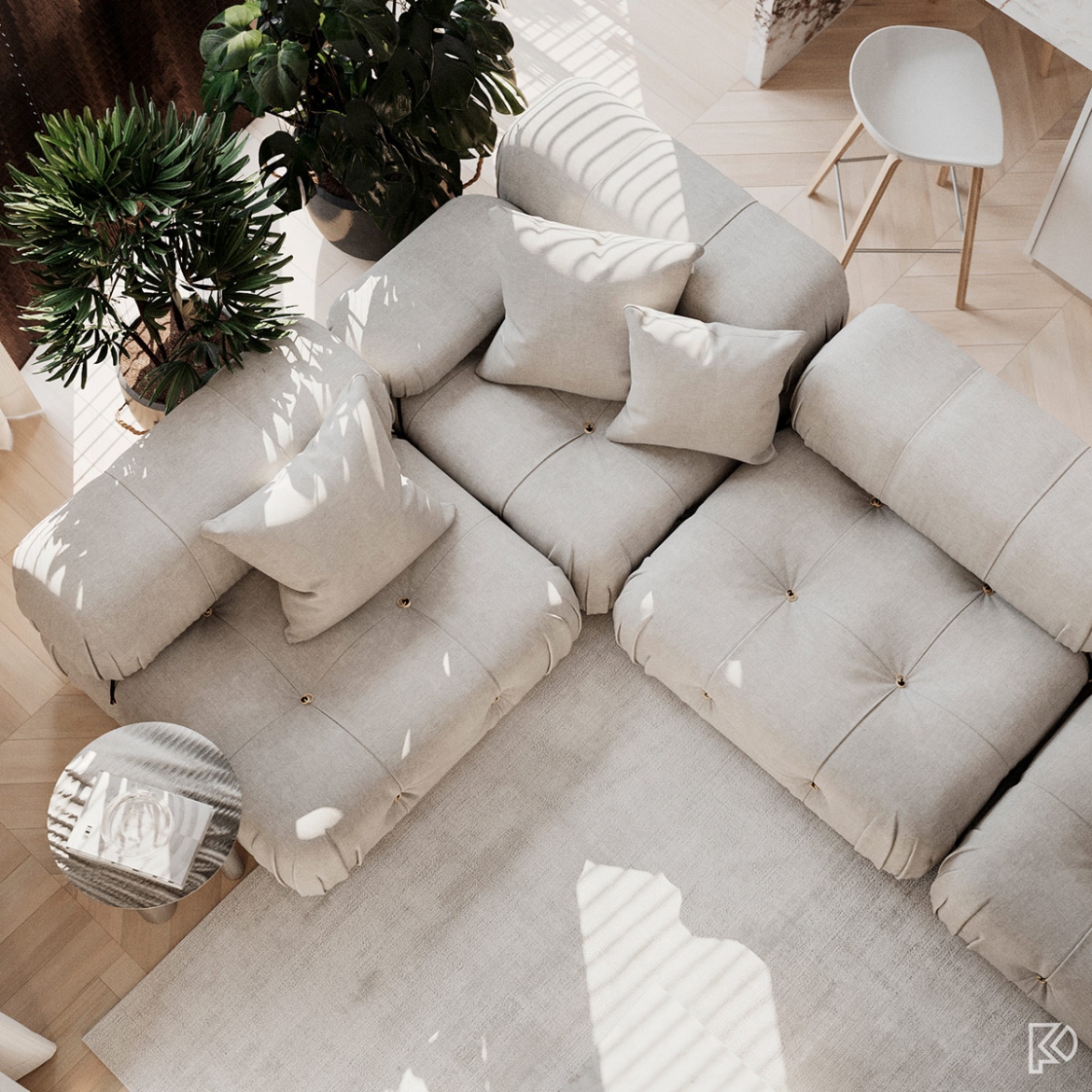 Chiếc sofa lớn màu xám cùng tông với thảm giúp tô điểm thêm cho phòng khách hiện đại.