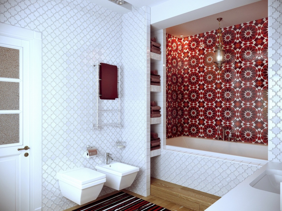 Một tấm thảm hay một bức tường màu đỏ sẽ là điểm nhấn vô cùng hấp dẫn trong không gian tắm mang tông màu trắng.