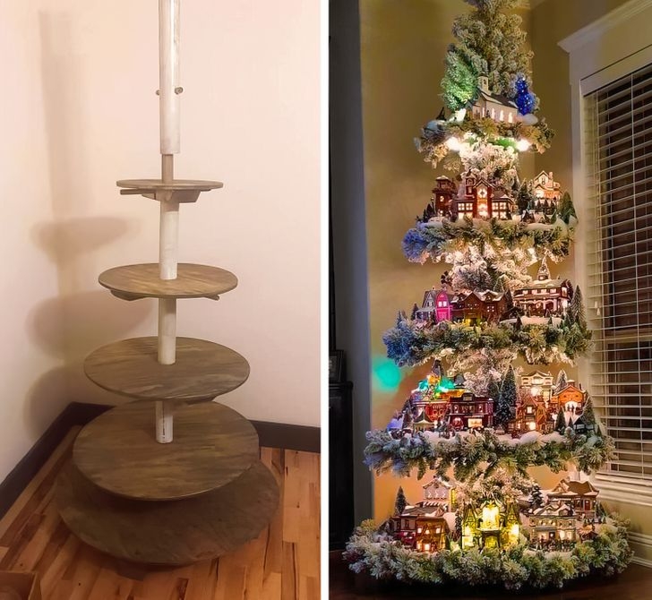 Từ cây đồ chơi cho mèo đã được biến tấu thành cây thông Noel tuyệt đẹp.