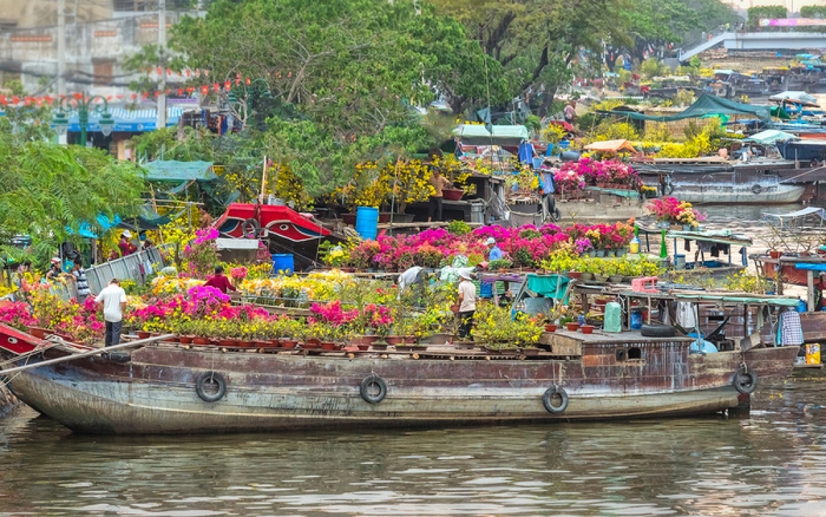 Flowers are among indispensable items during the Tet holiday, and the Binh Dong flower market in District 8 is an ideal place to visit. Coming here, visitors can see boats full of flowers and ornamental trees sourced from gardens throughout the Mekong Delta region.