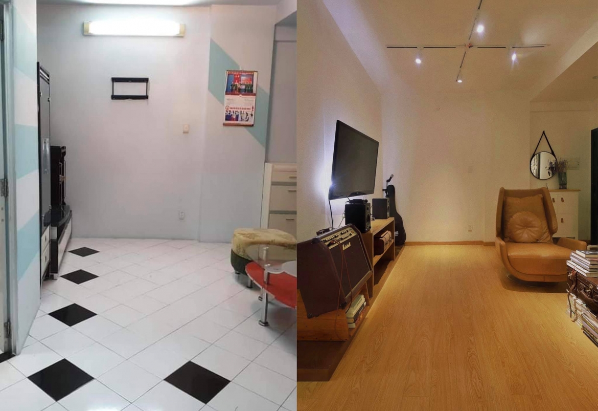 Anh cho biết, với mong muốn kiếm chỗ ở ổn định kiêm văn phòng làm việc, anh đã cất công tìm khắp Sài Gòn mới kiếm được một căn hộ nhỏ, thoáng với giá thuê rẻ ở quận 7 để tiến hành cải tạo. Không gian phòng khách cũ đã được "thay áo mới" với sàn gỗ, bộ ghế da màu nâu khiến căn phòng thêm ấm áp.