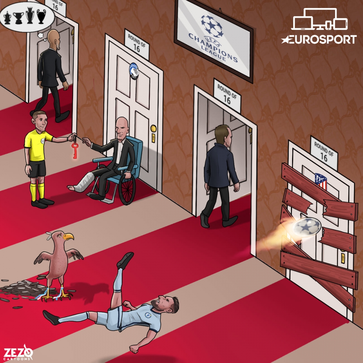 Toàn cảnh lượt đi vòng 1/8 Champions League. (Ảnh: Zezo Cartoons). 