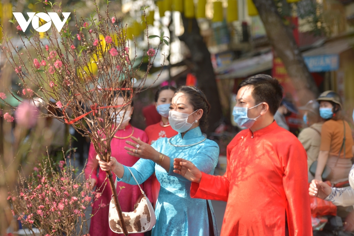 Many people spend hours strolling along the street to choose a favourite peach branch