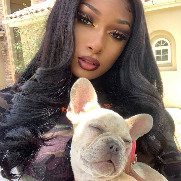 Megan Thee Stallion chú chó giống bulldog Pháp tận hưởng ánh nắng mặt trời ấm áp.