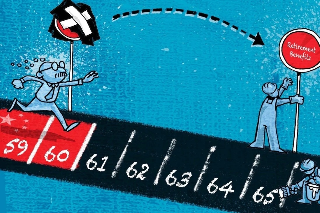 Tranh minh họa về áp lực lên người lao động Trung Quốc khi chính phủ nước này công bố nâng tuổi nghỉ hưu. Họa sĩ: Henry Wong.
