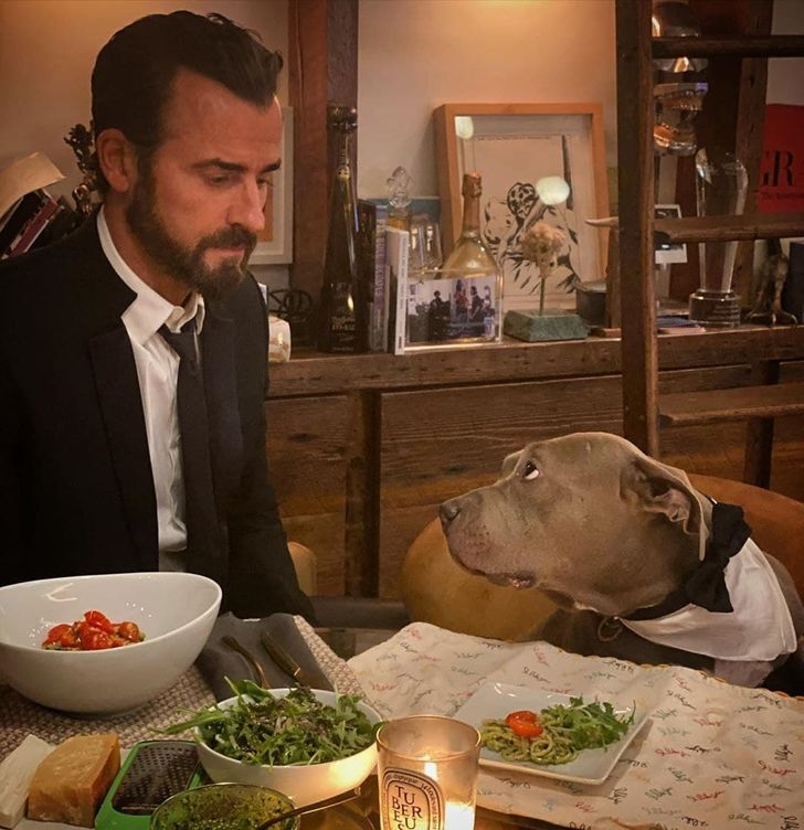 Bữa tối ấm áp bên ánh nến của tài tử Justin Theroux và chú chó Kuma.