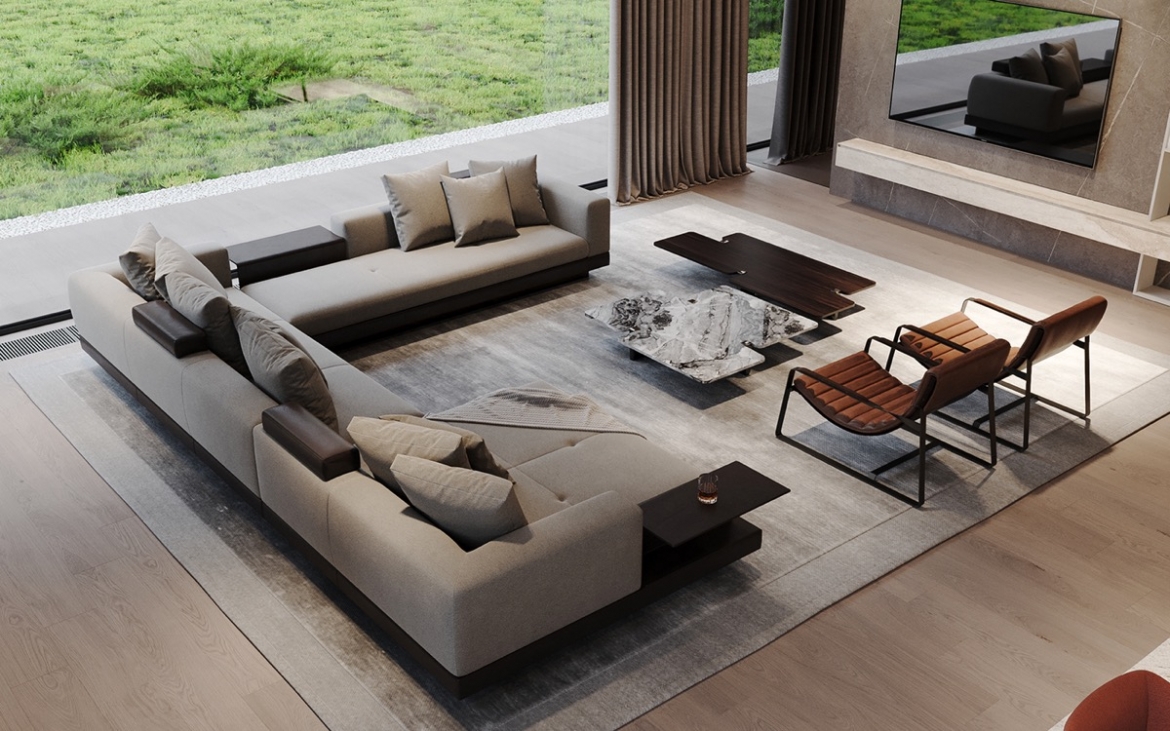 Bước vào căn nhà là phòng khách sang trọng và hiện đại với tông màu xám, ghi. Bộ sofa hình chữ U đặt trên chiếc thảm rộng tạo điểm nhấn cho căn phòng.