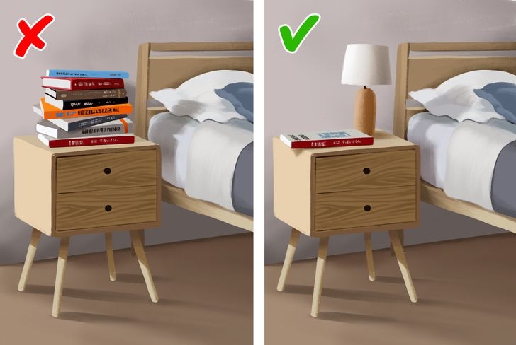 Nhiều người thích mua sách và nếu chưa có thời gian đọc, họ thường để sách bừa bãi trong phòng ngủ. Bạn nên cất sách vào giá để sách hoặc phòng làm việc, không để sách ở phòng ngủ vì sách chưa đọc gây ra trạng thái lo lắng, căng thẳng vì chưa đọc. Ngoài ra, nó cũng khiến phòng ngủ thêm lộn xộn và là nơi chứa bụi, vi khuẩn.