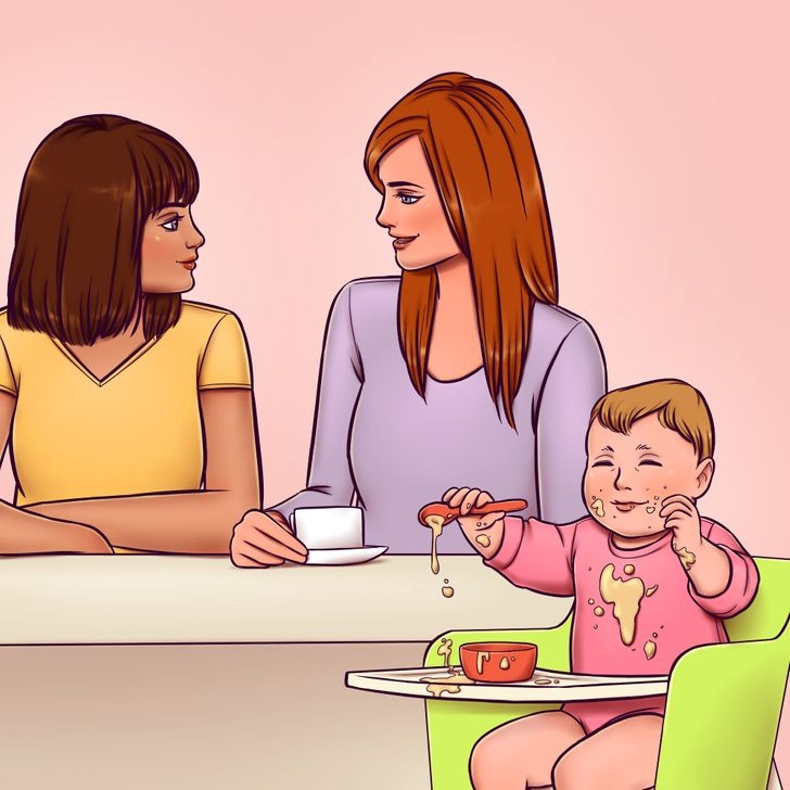 Hãy cứ thoải mái trò chuyện giao lưu cùng bạn bè, kể cả khi con bạn đang bày bừa đồ ăn không theo bất cứ nguyên tắc nào.