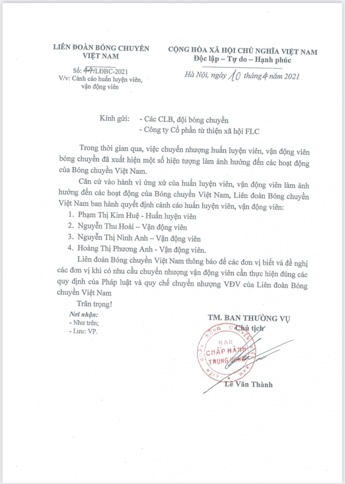 Án phạt kỷ luật mà HLV Kim Huệ và 3 học trò ở CLB bóng chuyền Ngân hàng công thương "bất ngờ" nhận từ Liên đoàn.