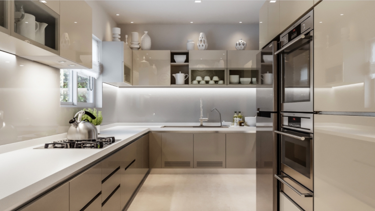 Căn bếp ở Hyderabad, Ấn Độ này thể hiện sở thích hiện đại của người Ấn Độ đối với không gian bếp ngày nay: Các bề mặt bóng láng, chất liệu nhân tạo cao cấp và gam màu trung tính. Các gia chủ Ấn Độ cũng mong muốn có một căn bếp liền và nhiều không gian lưu trữ. Căn bếp có sự tương phản giữa màu be, xám và trắng; Hệ thống chiếu sáng âm tường và gầm tủ nâng cao hiệu ứng của màu sắc. Cửa ra vào là polyme acrylic có thể đánh bóng lại và mặt bàn được làm bằng đá cẩm thạch nhân tạo dày 40 mm với cạnh vát.