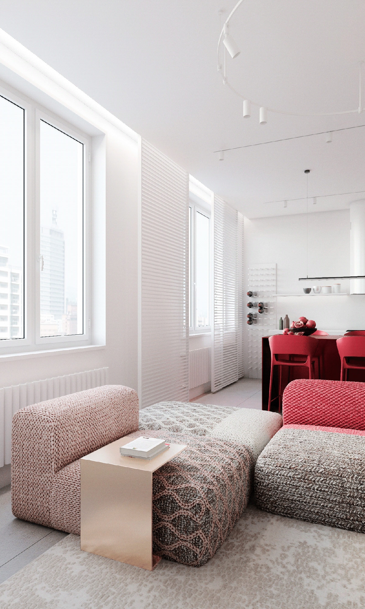 Ngôi nhà của một người phụ nữ ở Moscow, Nga chọn điểm nhấn màu đỏ ở bộ sofa sang trọng. Màu đỏ mạnh mẽ ở phần tựa lưng sau đó điểm xuyết ở phần vải bọc. .