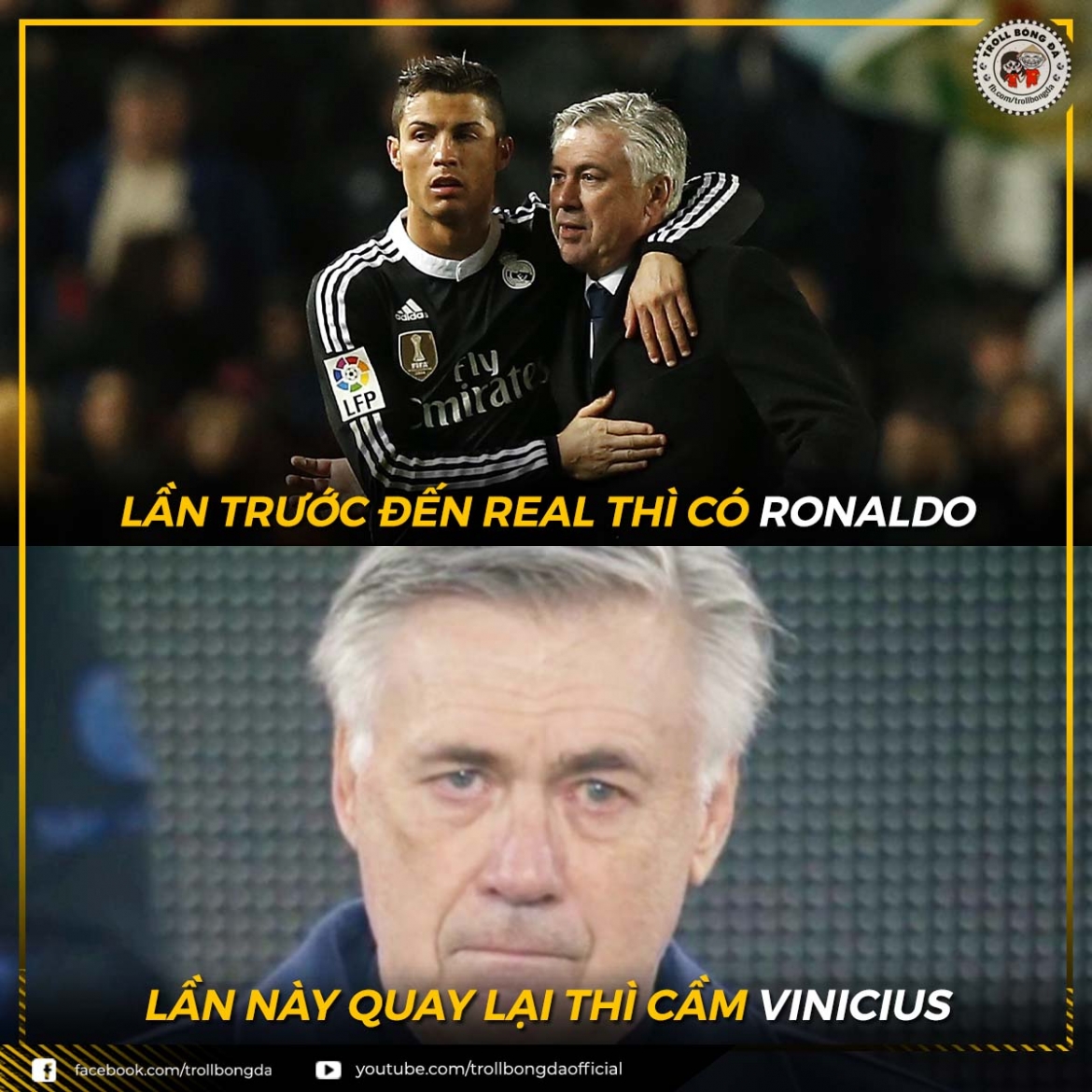 Sự thật "phũ phàng" mà HLV Ancelotti phải đón nhận khi trở lại Real Madrid. (Ảnh: Troll bóng đá). 