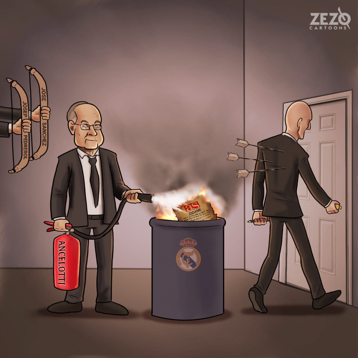HLV Zidane rời Real Madrid, Chủ tịch Perez "chữa cháy" bằng HLV Ancelotti. (Ảnh: Zezo Cartoons). 