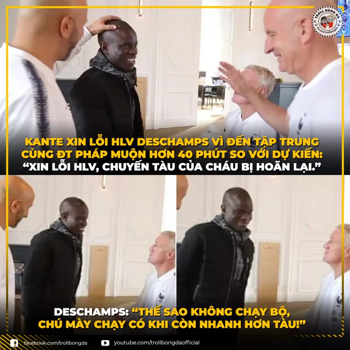 Kante có biểu cảm dễ thương khi đến tập trung muộn tại ĐT Pháp. (Ảnh: Troll bóng đá)./. 