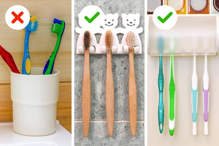 Cốc đựng bàn chải đánh răng: Bạn có thể đã nhiều lần nhận thấy những vết ố đen trên tay cầm của bàn chải đánh răng. Đây là nấm mốc hình thành dưới đáy ly do hơi ẩm và chất nhầy tích tụ. Cốc phải thường xuyên được rửa và khử trùng, và nó cũng để lại dấu vết trên bồn rửa, cũng cần được lau sạch theo thời gian. Bạn không nên để chung bàn chải đánh răng của tất cả các thành viên trong gia đình mình trong một cái ly: vi khuẩn có thể dễ dàng truyền từ bàn chải này sang bàn chải khác khi tiếp xúc.